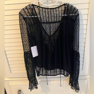 Free People Sheer Lace Bell Sleeve Top Black